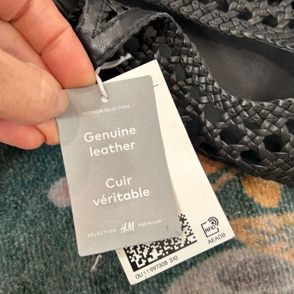 H&M Leather Slingback Pumps Sandals Black NWT Sz 11 Woven Braided Low Heels toe - Picture 4 of 16